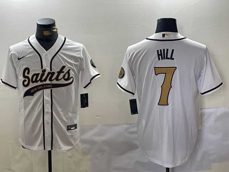 Men%27s New Orleans Saints #7 Taysom Hill White With Patch Cool Base Stitched Baseball Jersey